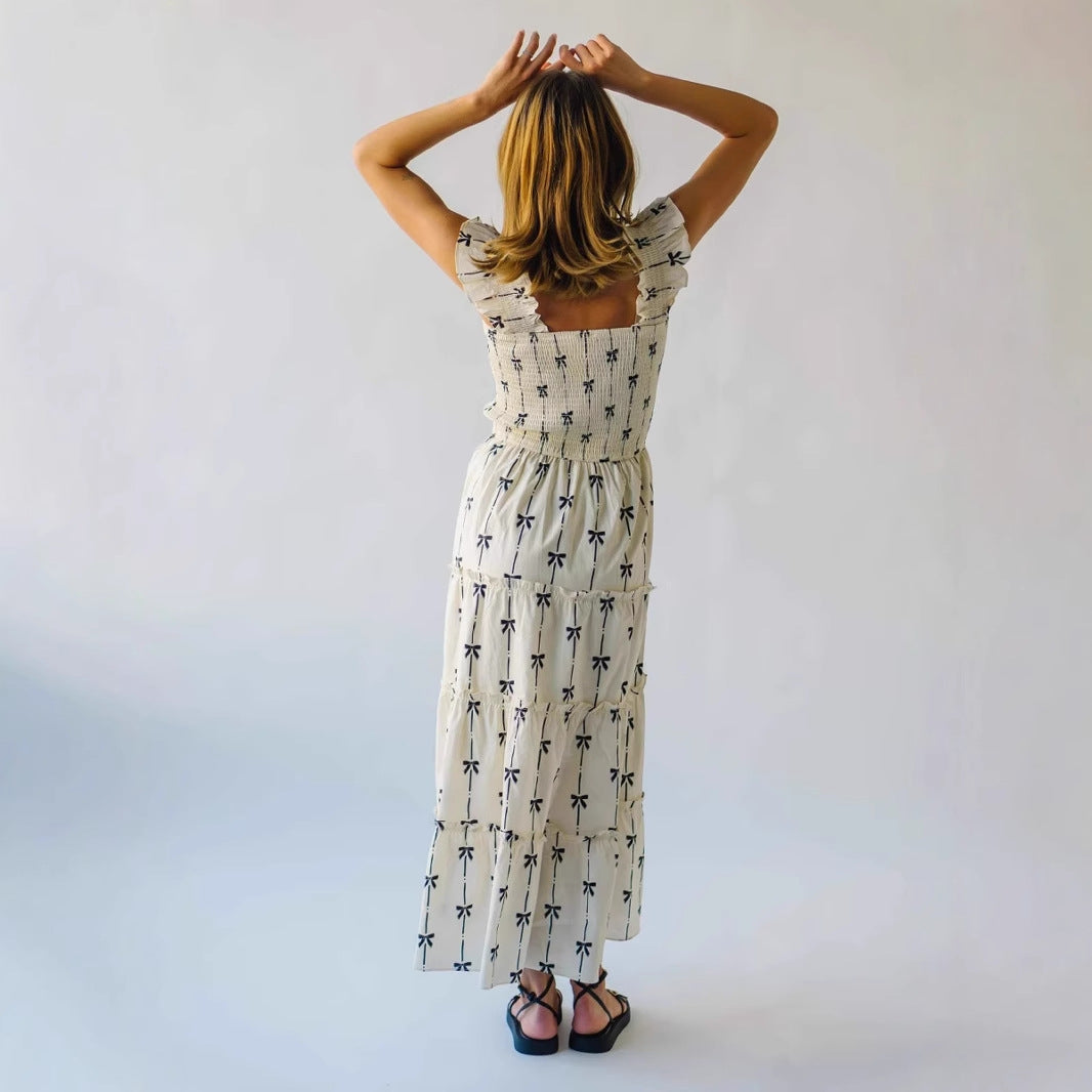 Women's Maxi Dress – Smocking – Gathered Straps – Lightweight Cotton Fabric – Fitted Bodice