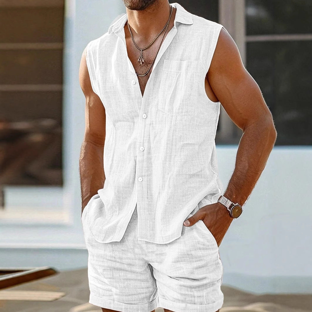 Men's set with sleeveless shirt and shorts – cotton linen – relaxed fit – button closure