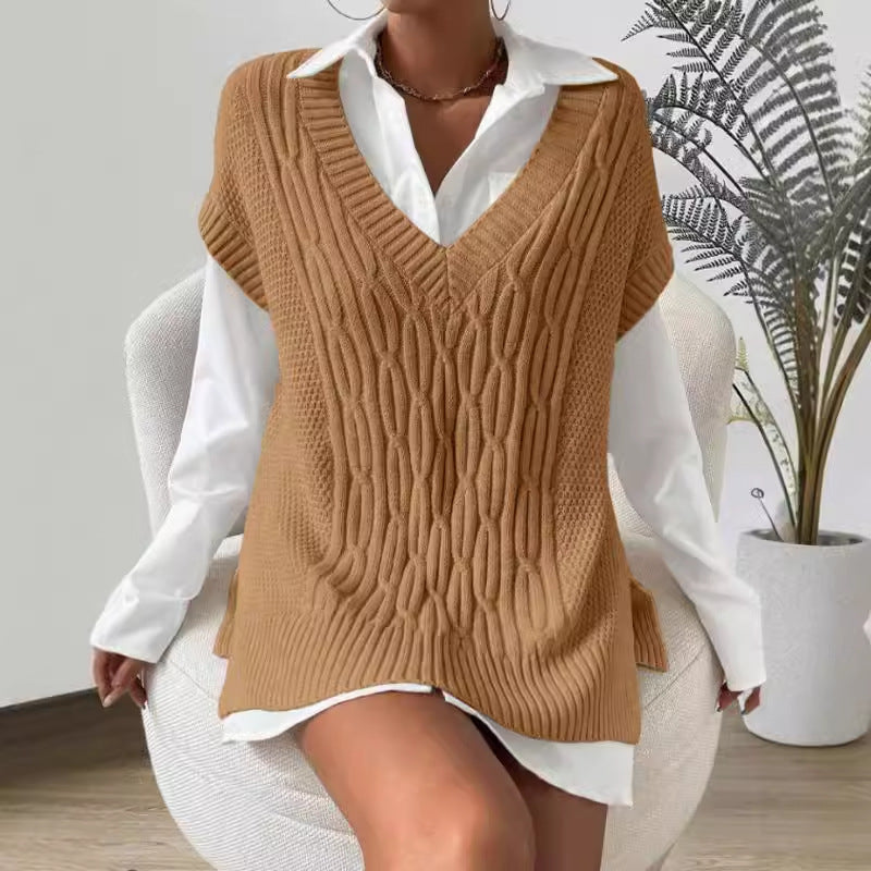 Oversized Cable Knit Deep V-Neck Sweater Vest