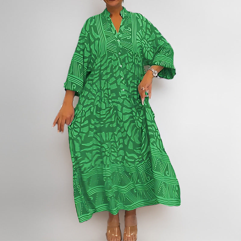 Women's Midi Dress – Loose Fit – Light Fabric – Button Closure – Rolled Sleeves – Print