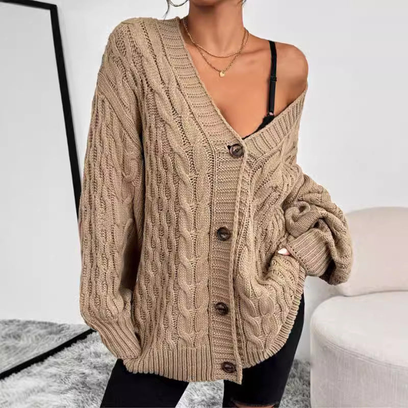 Dame Cardigan – Strik – Oversized Pasform – V-hals – Knaplukning – Lange Ærmer