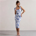 Dress for women – Bodycon fit – Floral print – Tie shoulder straps – Midi length