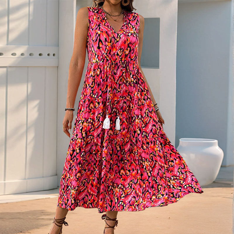 Women's Dress – Sleeveless A-line – V-neck – Layered Midi – Light Cotton