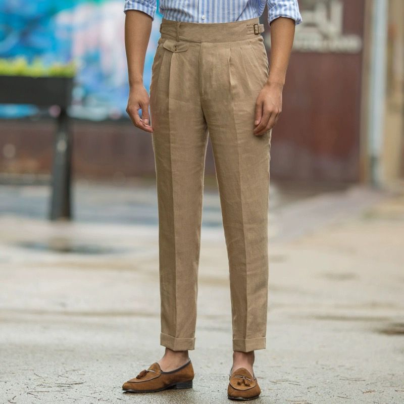 High-Waisted Linen Pleated Trousers
