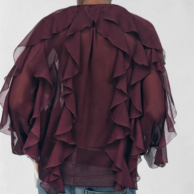 Loose Fit Ruffle Front V-Neck Blouse