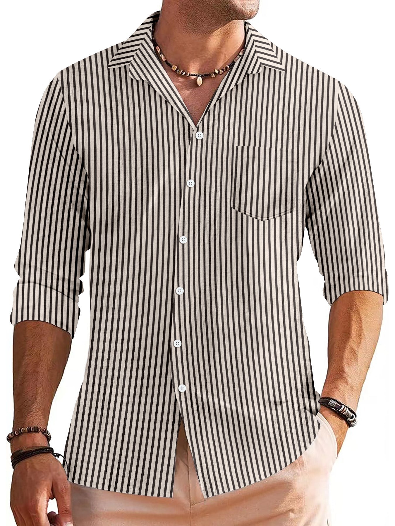 Men's Shirt with Long Sleeves – Regular Fit – Breathable Material – Striped Pattern – Chest Pocket