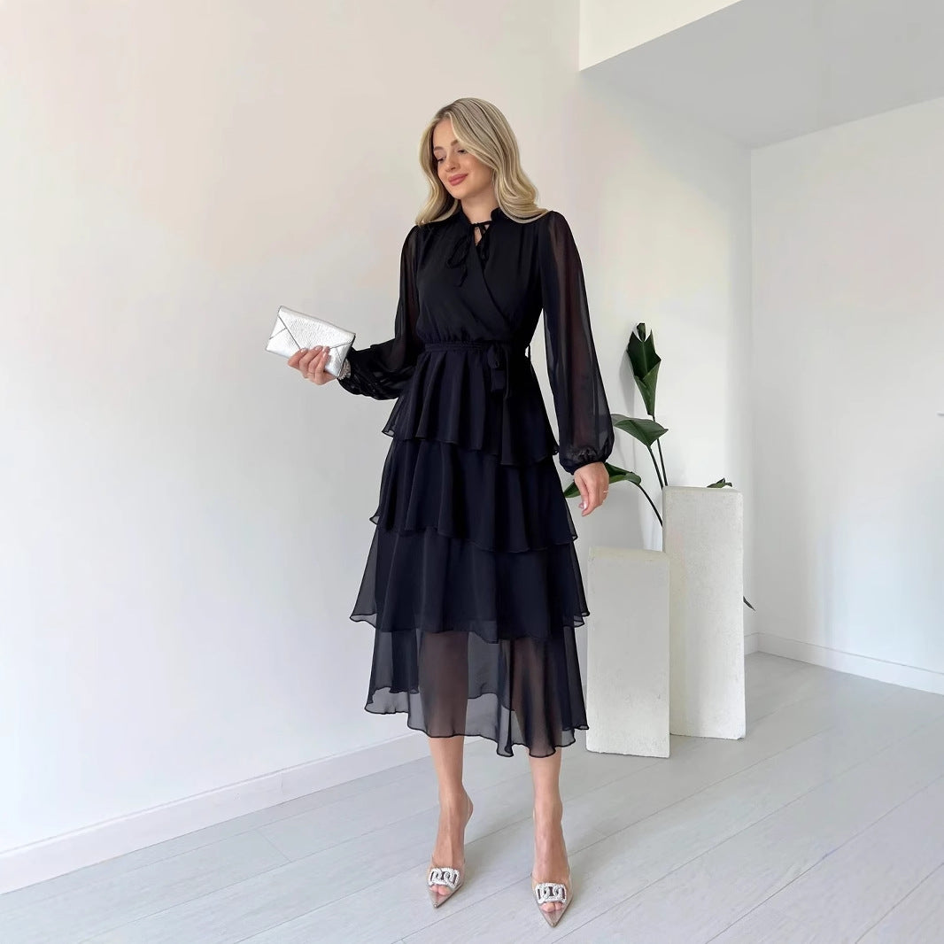 Chiffon Layered High Neck Tie Dress