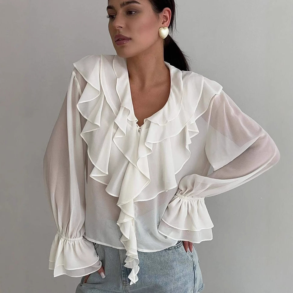 Transparent Relaxed Fit Ruffled V-Neck Blouse