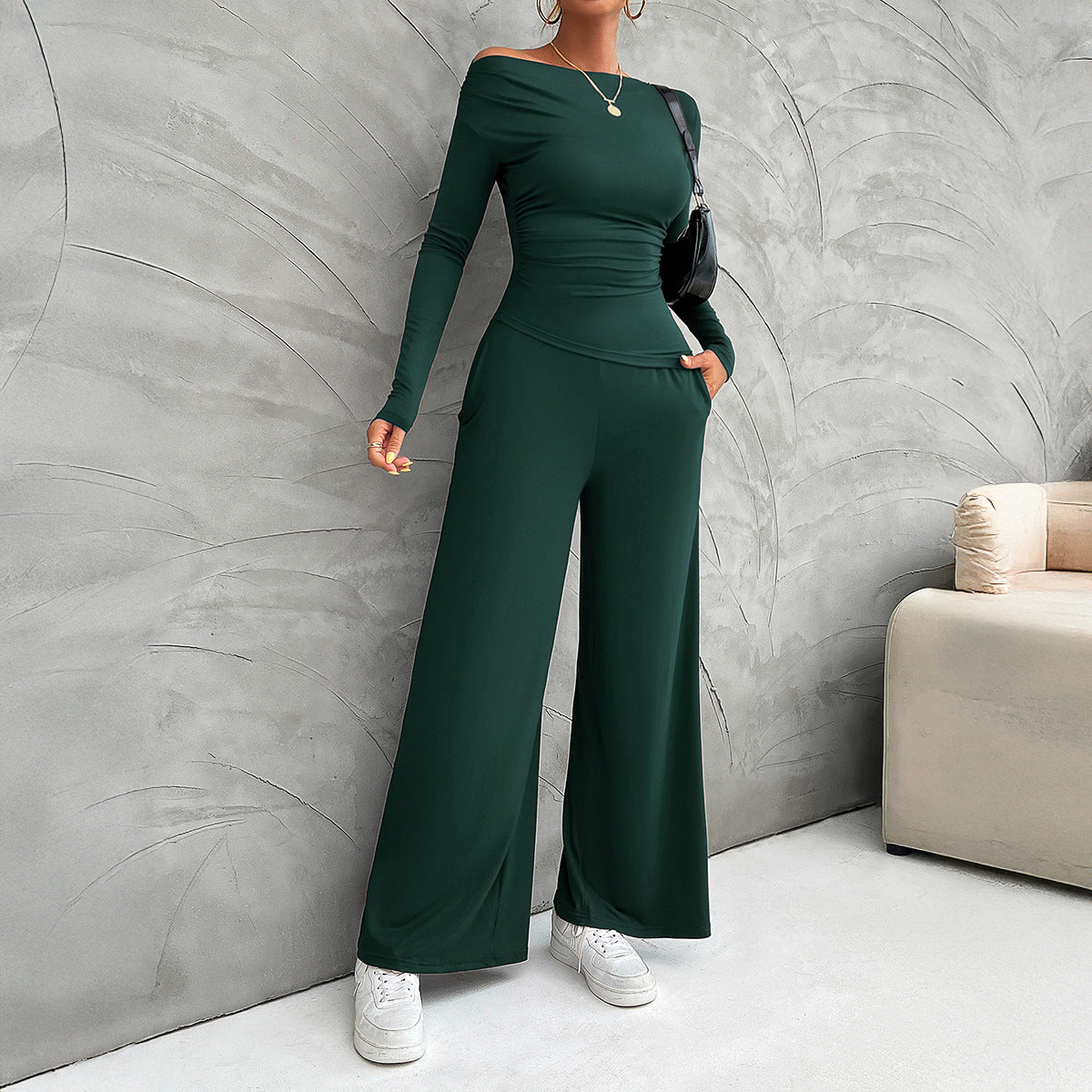 Women's Suit Clothing – Slim Fit Long-Sleeved Top – High-Waisted Wide Pants