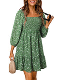 Women's Dress A-line – Lightweight Cotton – Shirred Bodice – Puff Sleeves – U-neck