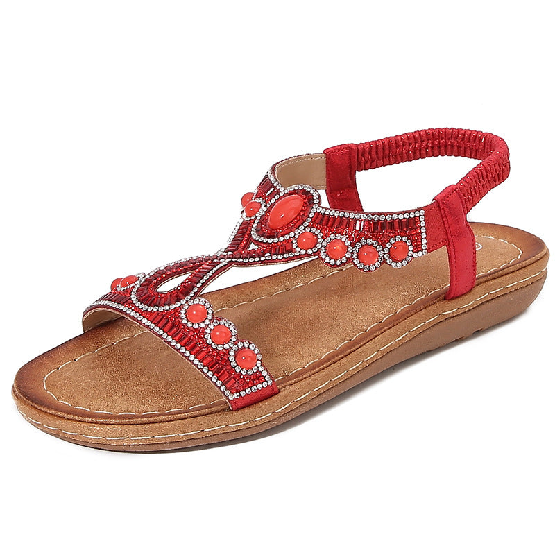Women's Sandals – Flat Sole – Padded Footbed – Boho Beads and Elastic Strap