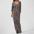 Dress for women – Midi length – V-neck – Loose fit – Print with button details
