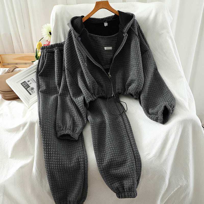 Two-Piece Cropped Hooded Waffle Texture Tracksuit Set
