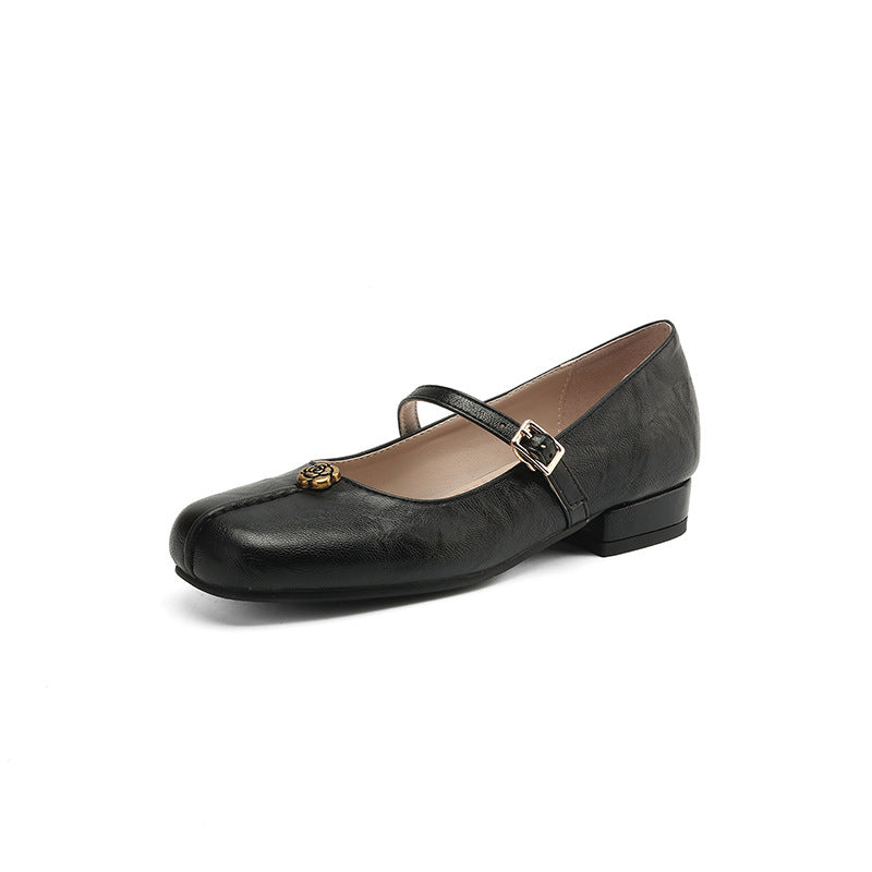 Women's shoes flat – Leather look – Square Toe – Buckle strap – Low block heel casual style