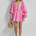 Dress for Women – Mini – Cotton – V-Neck – Gingham – Balloon Sleeves – Ruffle Hem