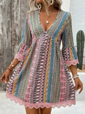 Women's Summer Dress – A-Line Fit – V-Neck – Boho Pattern – Lace Trim – 3/4 Sleeves