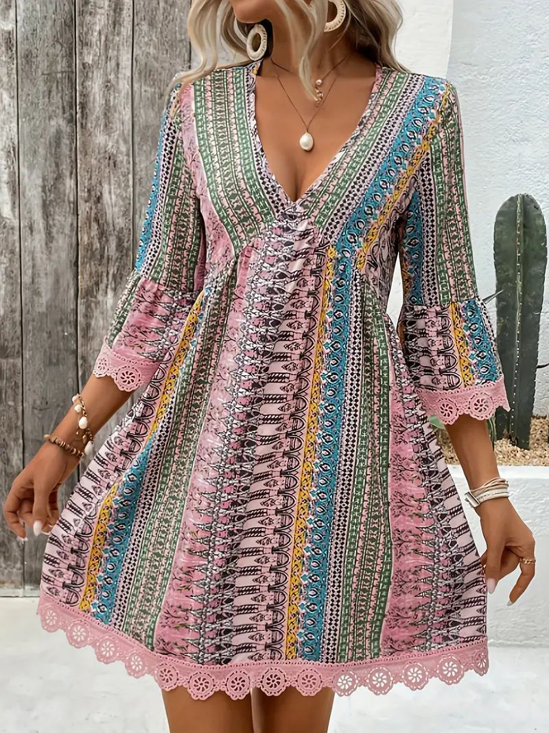 Women's Summer Dress – A-Line Fit – V-Neck – Boho Pattern – Lace Trim – 3/4 Sleeves