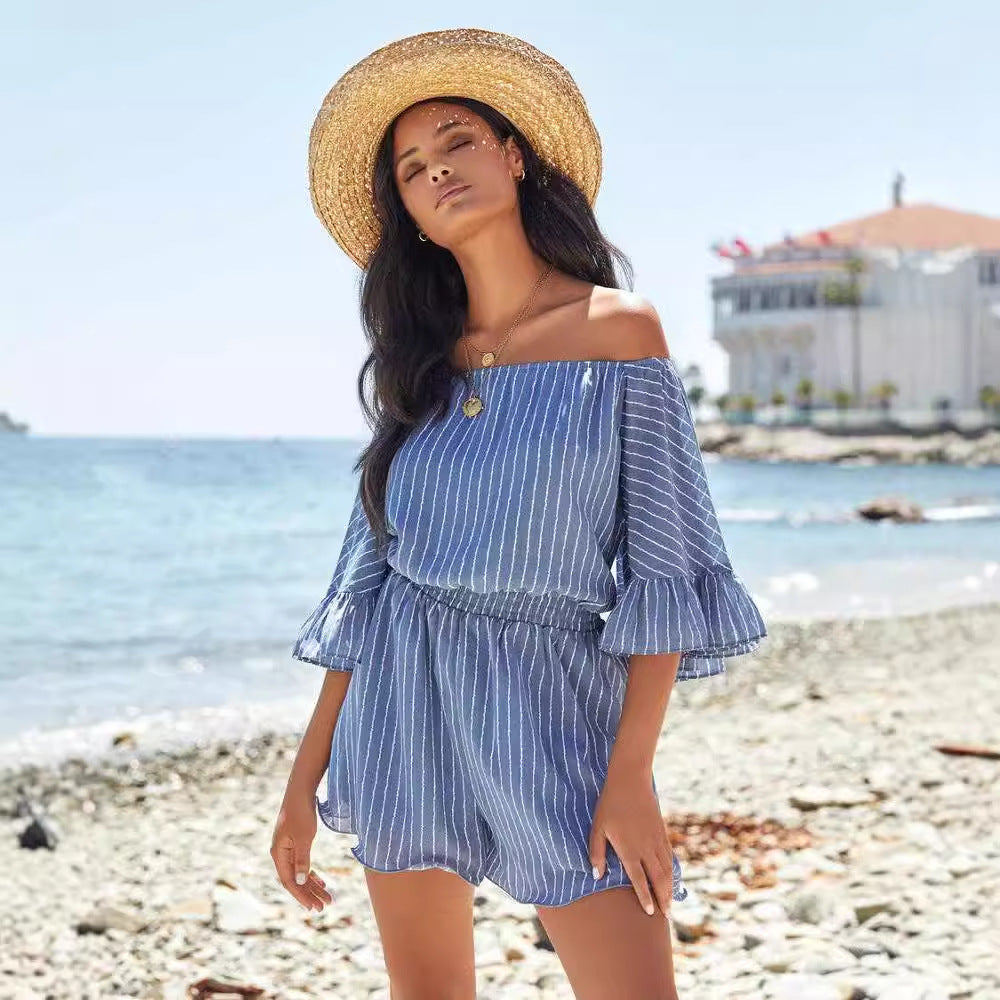 Women's Off-Shoulder Dress – Elastic Waist – Ruched Sleeves – Light and Breathable