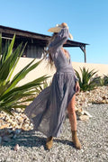 Women's Beach Dress – Light Cotton – Loose Fit – V-Neck – Long Sleeves – High Slit