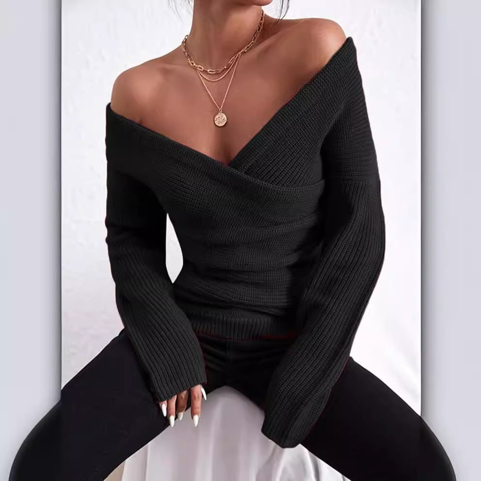 Off-Shoulder Ribbed Knit Wrap Sweater