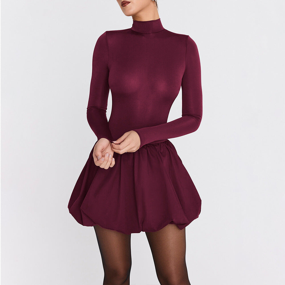 Dress for women – Slim fit mini dress – High neck – Long sleeves – A-line cut