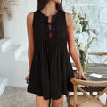 Women's Dress – Sleeveless – Relaxed Fit – Pleated Front – Tie Neck – Short Length