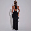 Women's Evening Dress – Slim Fit – Halterneck – Open Back – High Slit – Shimmer Fabric