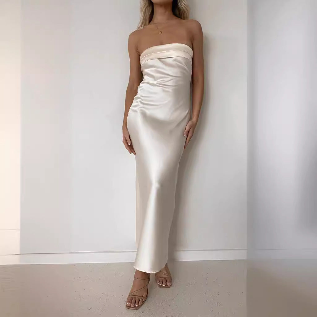 Dame Maxi Kjole – Satin – Stropløs – Slank Pasform – Aftenbrug Elegant Stil