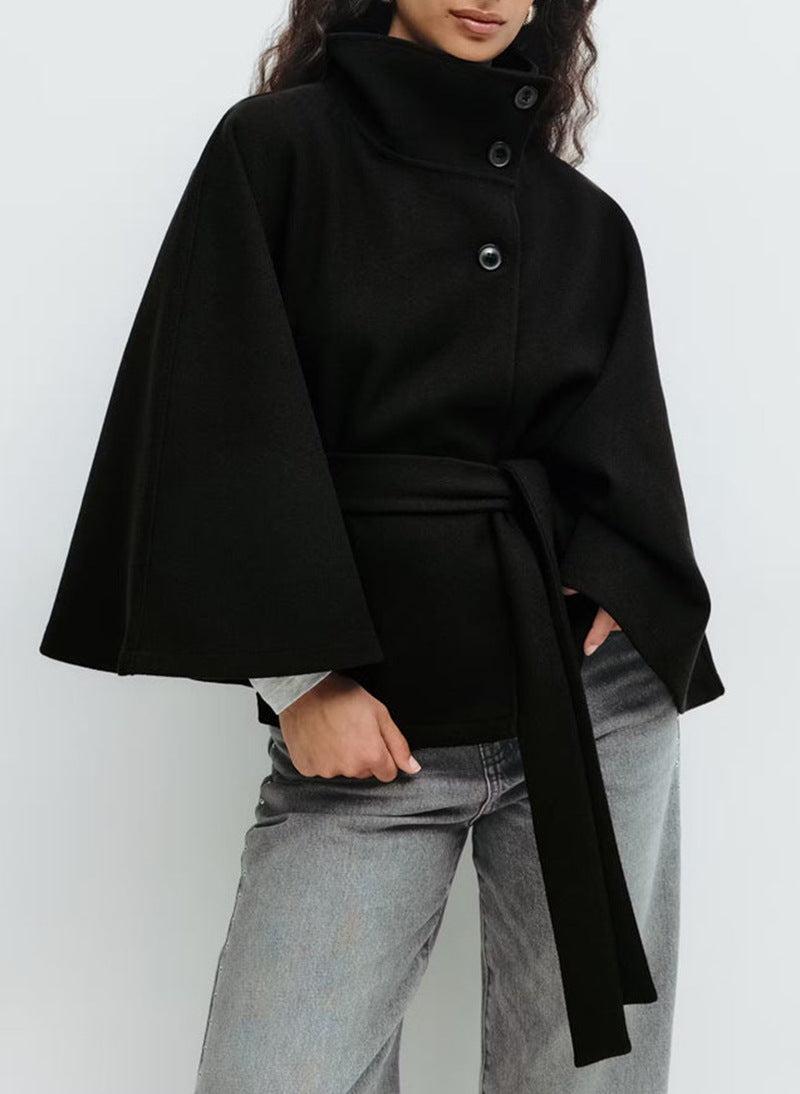 Belted Flowing Wool Blend Cape Jacket