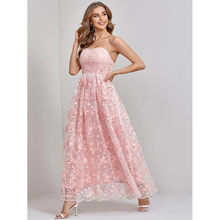 Strapless Lace Embroidered Evening Dress