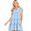 Women's Dress – Denim A-line Mini – Relaxed Fit – Ruffle Sleeves and Pleat Stitching