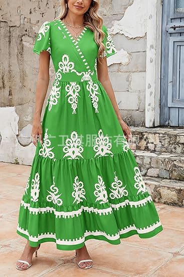 Women's Maxi Dress – V-Neck – A-Line with Ruffles – Floral – Short Sleeves