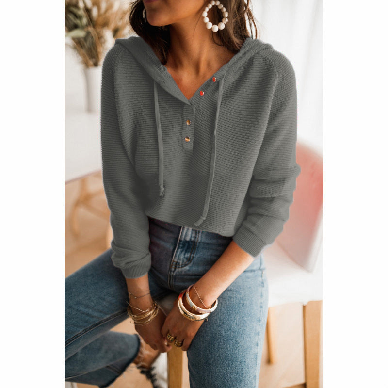 Knit Texture Button Front Cropped Hoodie