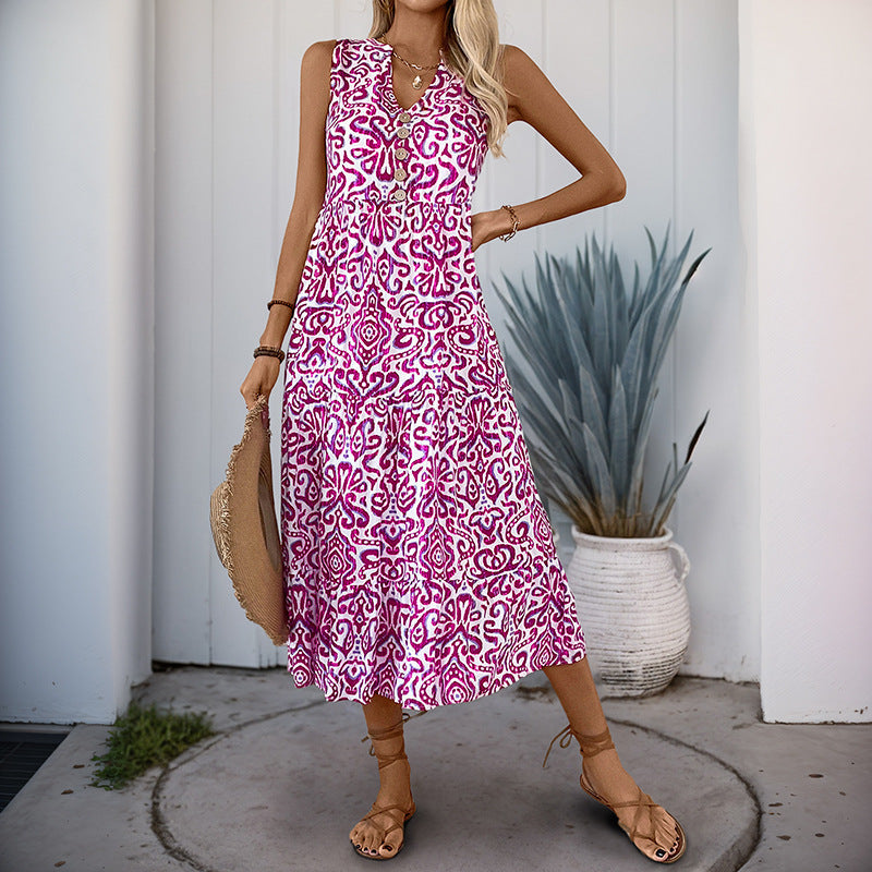 Women's Dress without Sleeves – A-Line Fit – V-Neck – Button Closure – Lightweight and Breathable