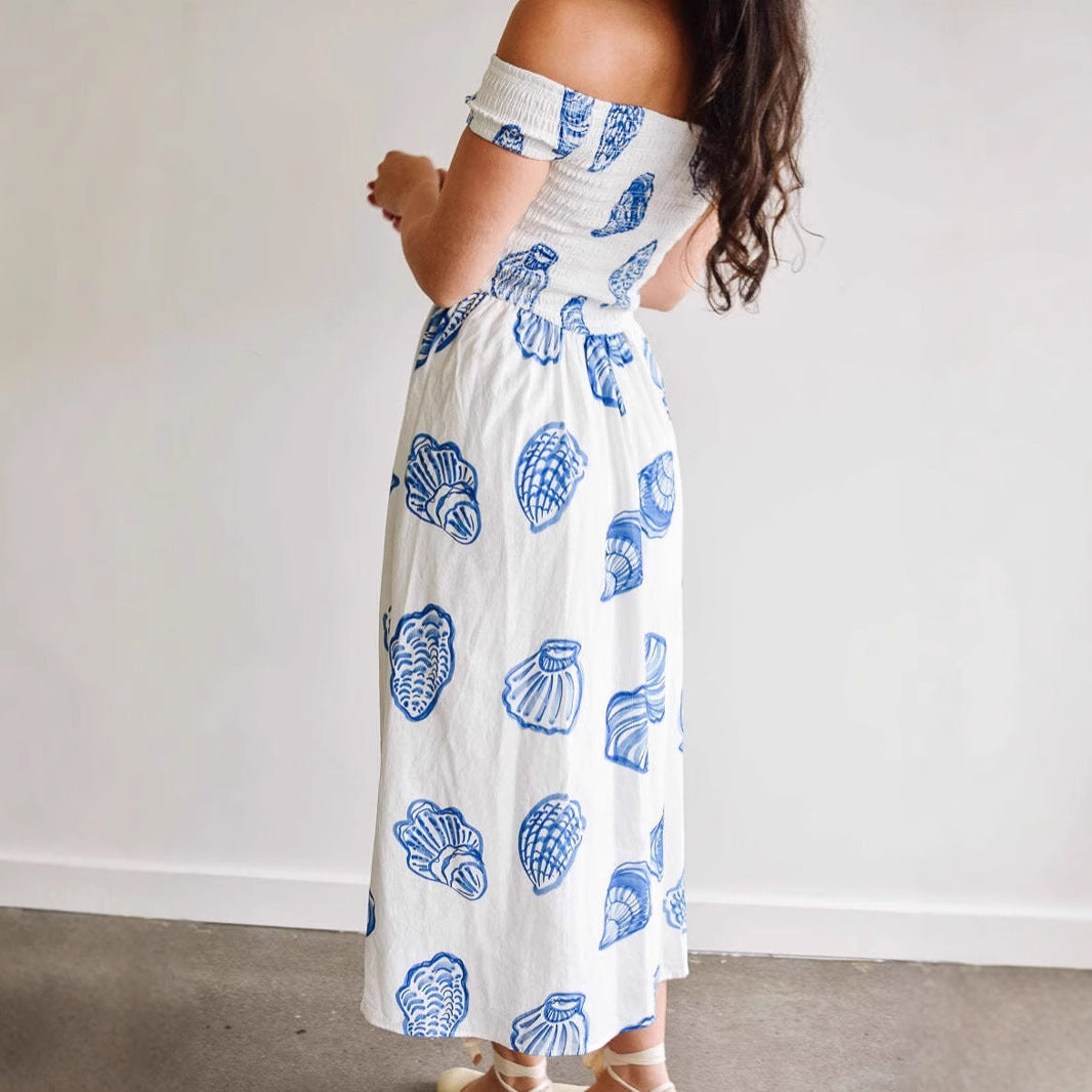 Women's Off-Shoulder Dress – Smock Top – Breathable Cotton Blend – Midi A-Line Fit