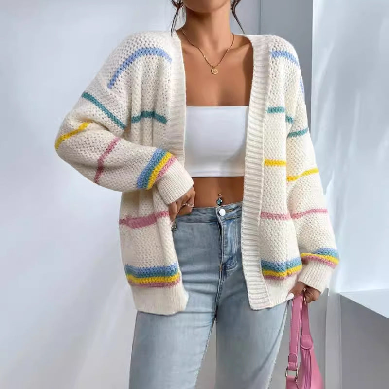 Women's Cardigan – Oversized Fit – Textured Knit with Stripes – Soft Ribbed Edge