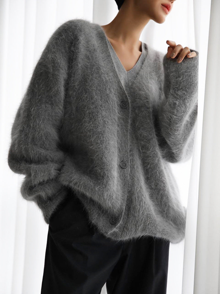 Dame Cardigan - Oversized Loose Fit - Blød og Fluffy Strik - Knaplukning