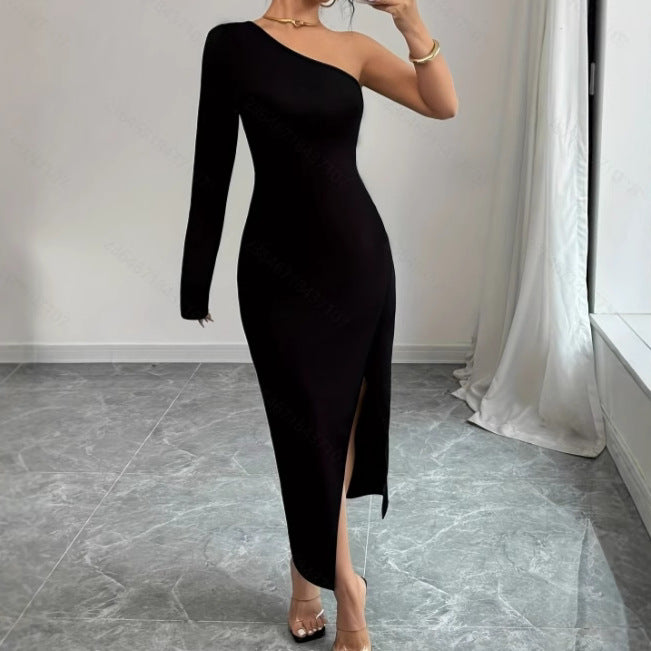 Women's Long-Sleeve Bodycon Dress - Off-Shoulder - Asymmetric Slit Elegant Evening Wear
