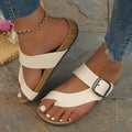 Women's Sandals – Slip-on Flat Sole – Cork Footbed – Adjustable Metal Buckle