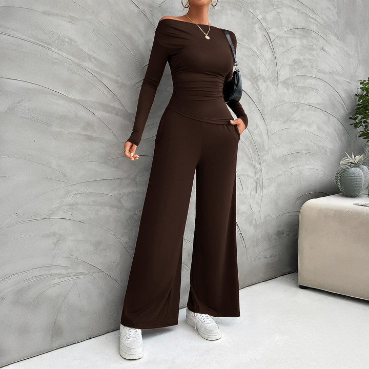 Women's Suit Clothing – Slim Fit Long-Sleeved Top – High-Waisted Wide Pants