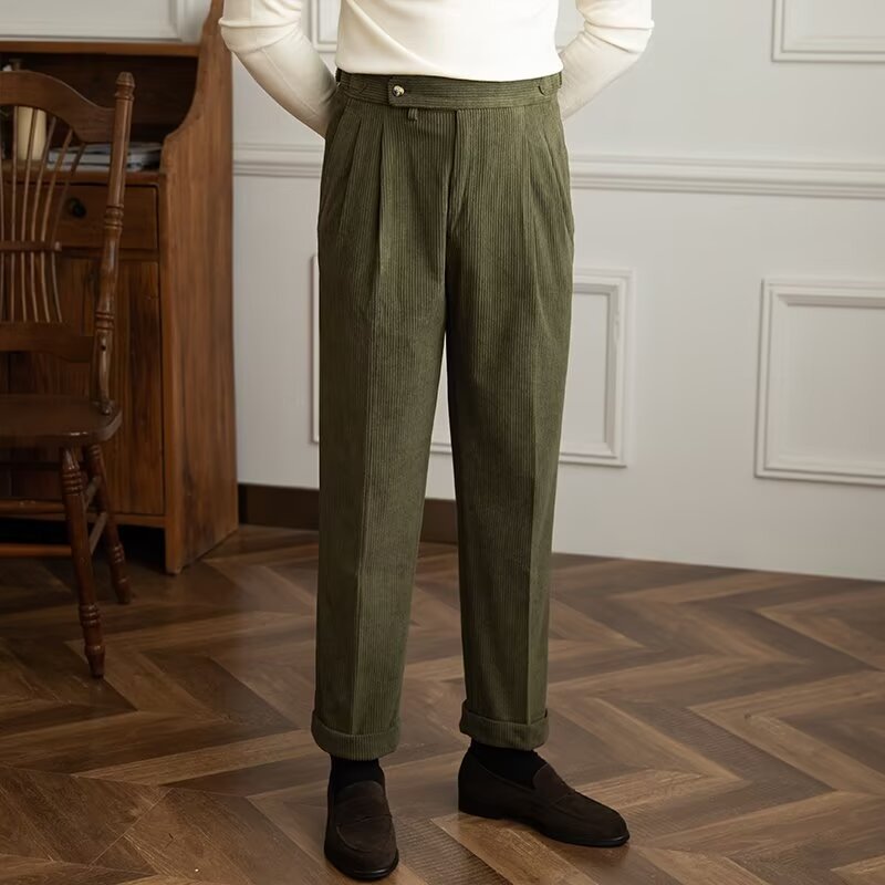 Men's Trousers – Corduroy – High Waist – Straight Fit – Pleated Front – Rolled-Up Legs
