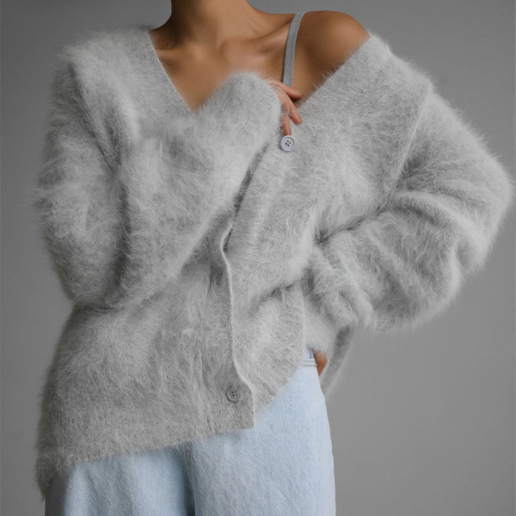 Oversized Fit Brushed Knit V-Neck Cardigan