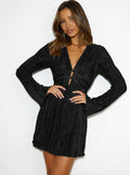 Women's Mini Bodycon Dress – Deep V-Neckline – Cutouts – Long Sleeves – Pleated