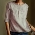Women's Blouse – Cotton Linen Blend – Loose Fit – 3/4 Sleeve – Pleated Front
