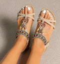 Women's Sandals – Flat Sole – Bohemian Pearls – Toe Split Design – Padded Footbed