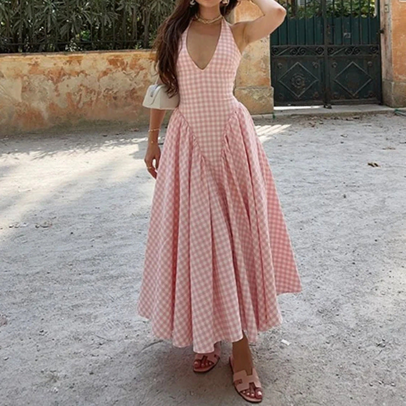 Halterneck Cotton Blend A-Line Pleated Dress