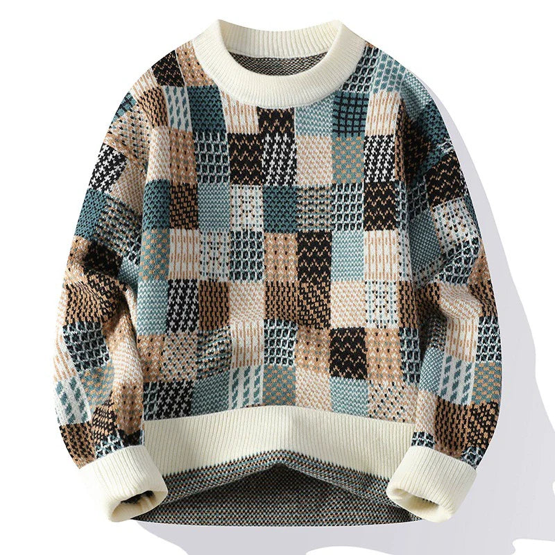 Checkerboard Patchwork Wool Pullover Sweater