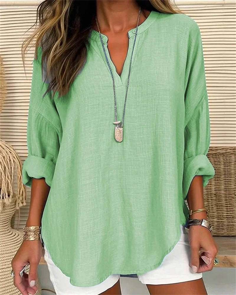 Women's Shirt with Long Sleeves – Cotton Linen – Relaxed Fit – Stand Collar