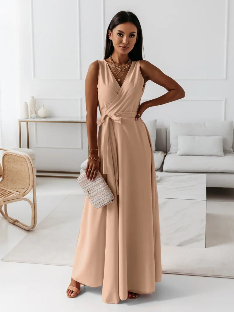 Women's Maxi Dress - Sleeveless V-neck - Wrap Design with Belt - Elegant and Flowy
