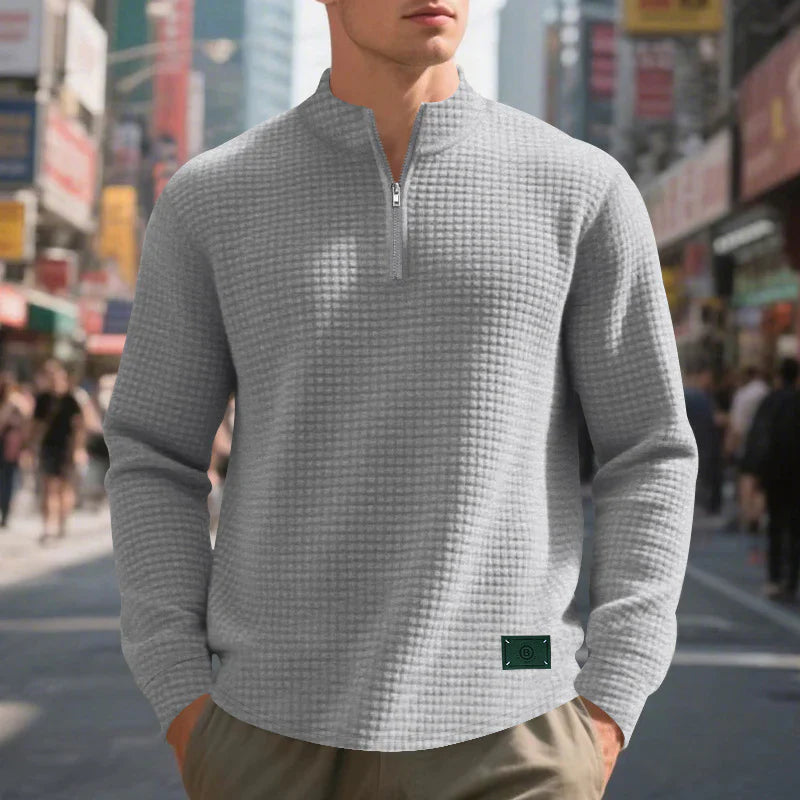 Waffle Knit Quarter Zip Mock Neck Sweater